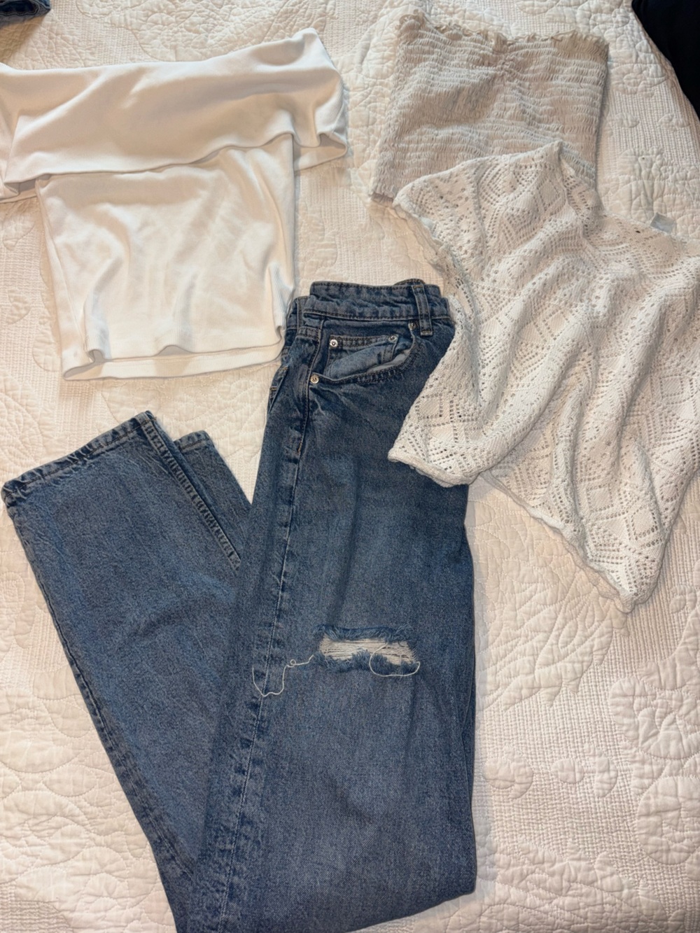Classic High-Rise Distressed Women’s Jeans and Three White Tops